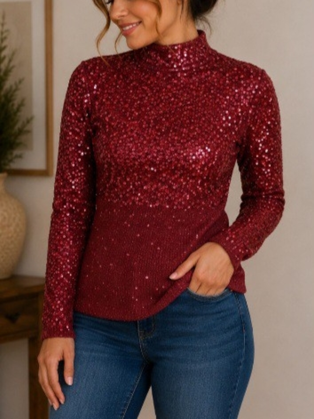 Red Sequin Mock Neck Sweater
